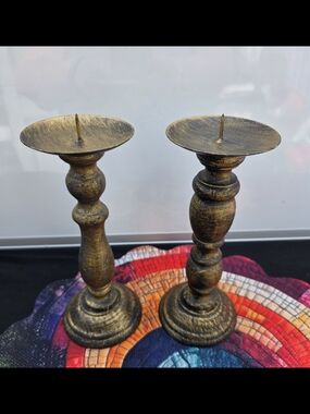Vintage Gold Wooden Taper Candle Holders, Set of 2